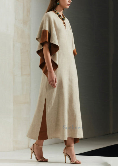 French Apricot Oversized Patchwork Cotton Long Dress Butterfly Sleeve