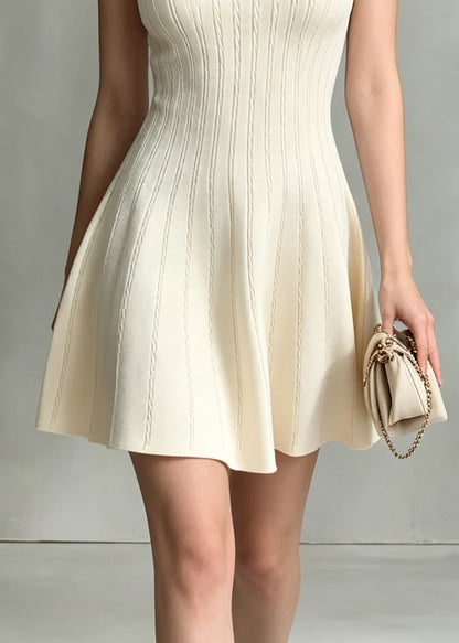 French Apricot Patchwork Knit Mini Dresses Sleeveless