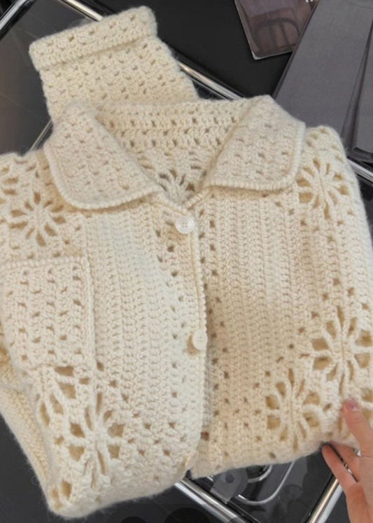 French Apricot Peter Pan Collar Hollow Out Knit Coats Spring