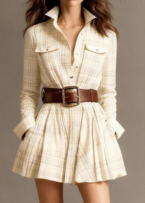 French Apricot Peter Pan Collar Striped Sash Mid Dress Long Sleeve