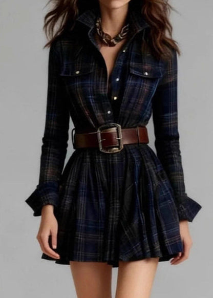 French Apricot Peter Pan Collar Striped Sash Mid Dress Long Sleeve
