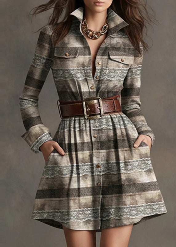 French Apricot Peter Pan Collar Striped Sash Mid Dress Long Sleeve