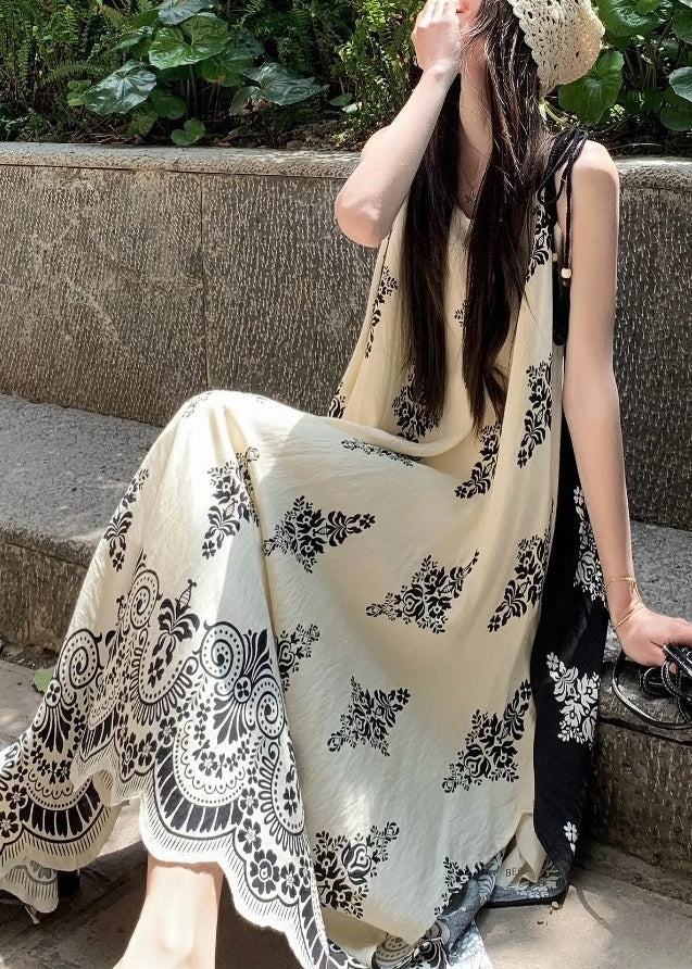 French Apricot Print Holiday Long Spaghetti Strap Dress Summer