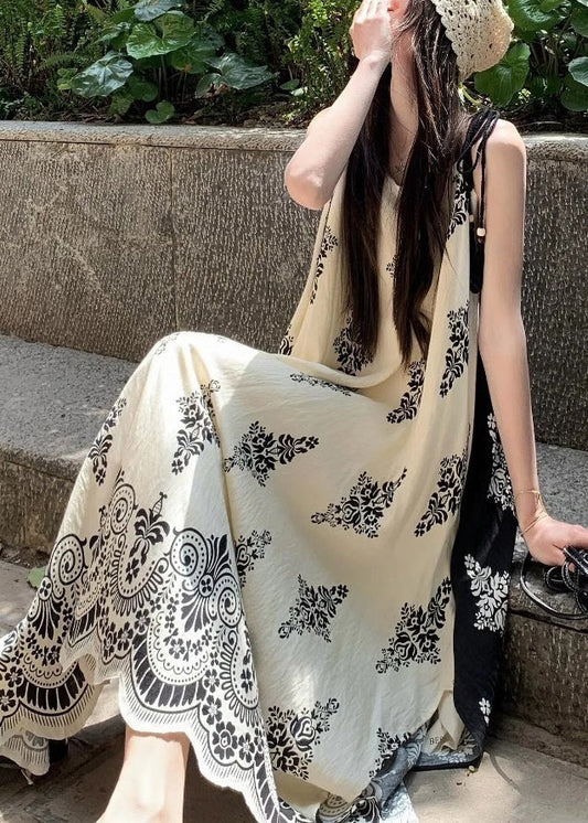 French Apricot Print Holiday Long Spaghetti Strap Dress Summer