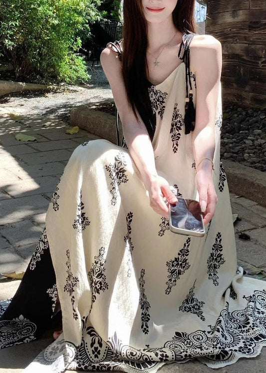 French Apricot Print Holiday Long Spaghetti Strap Dress Summer