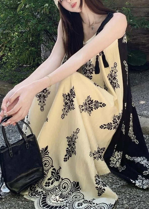 French Apricot Print Holiday Long Spaghetti Strap Dress Summer