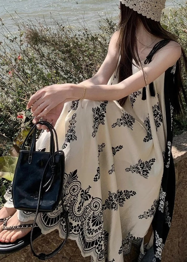 French Apricot Print Holiday Long Spaghetti Strap Dress Summer