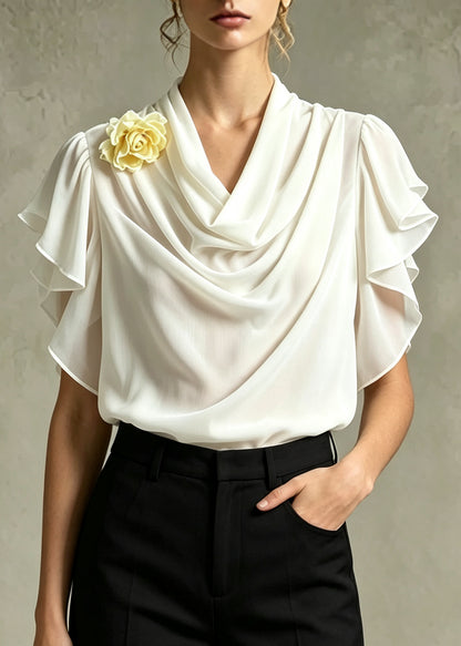 French Apricot Ruffled Floral Chiffon Shirt Tops Summer