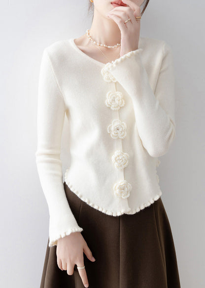 French Apricot Ruffled Floral Knit Sweaters Flare Sleeve