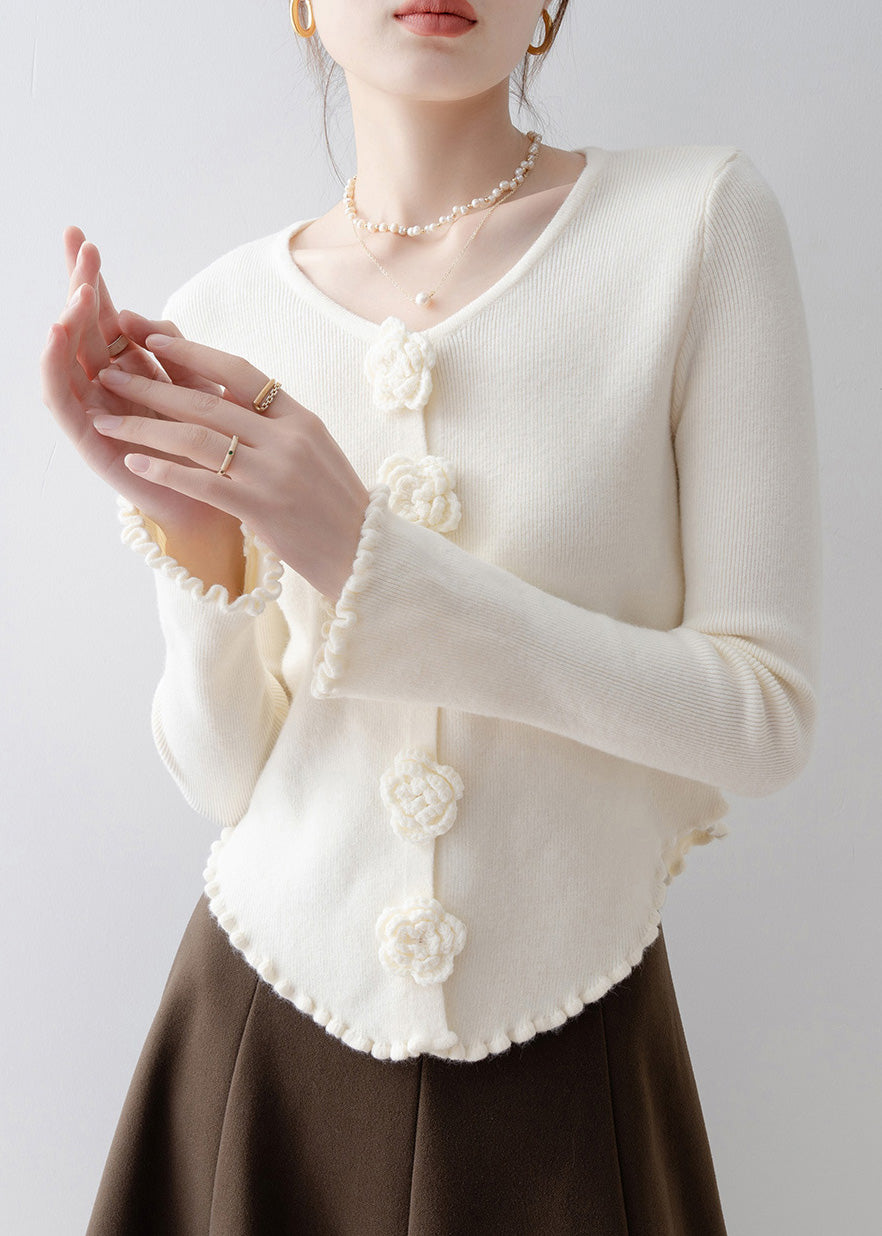 French Apricot Ruffled Floral Knit Sweaters Flare Sleeve