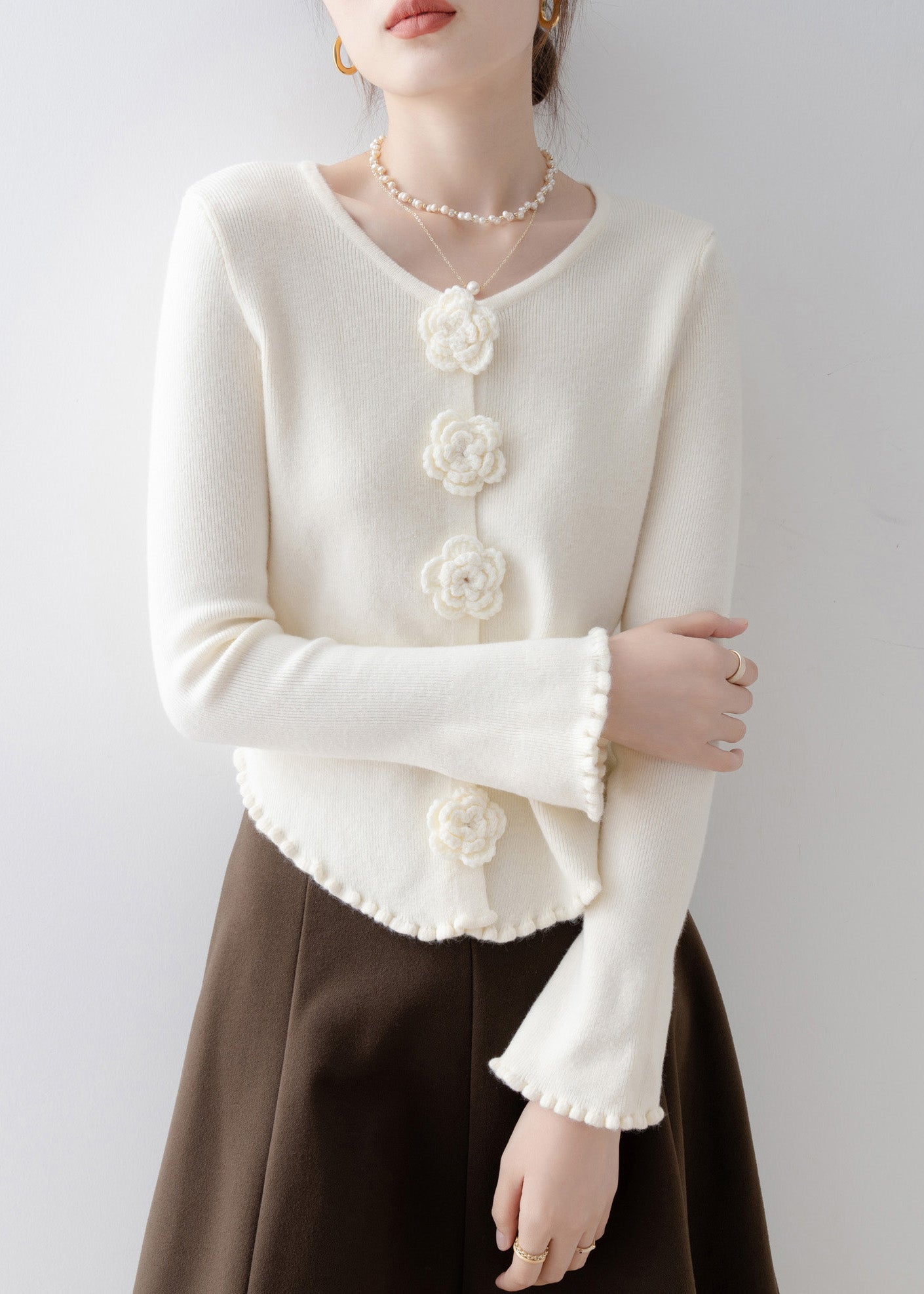 French Apricot Ruffled Floral Knit Sweaters Flare Sleeve