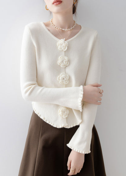 French Apricot Ruffled Floral Knit Sweaters Flare Sleeve