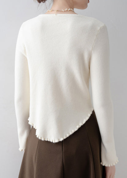 French Apricot Ruffled Floral Knit Sweaters Flare Sleeve