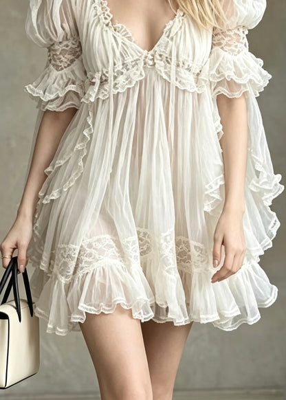 French Apricot Ruffled Lace Patchwork Chiffon Dress Summer