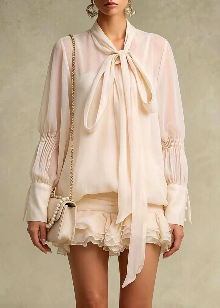 French Apricot Ruffled Wrinkled Chiffon Work Dress Spring