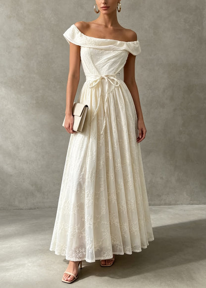 French Apricot Slash Neck Embroidered Patchwork Lace Dress Summer
