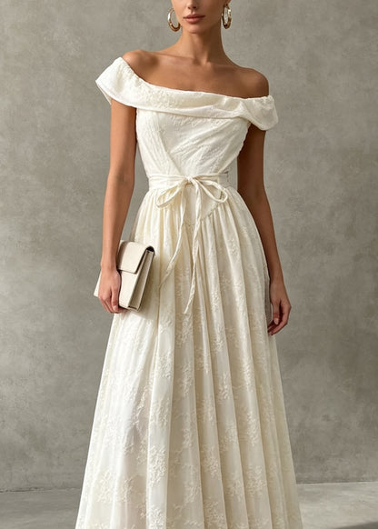 French Apricot Slash Neck Embroidered Patchwork Lace Dress Summer