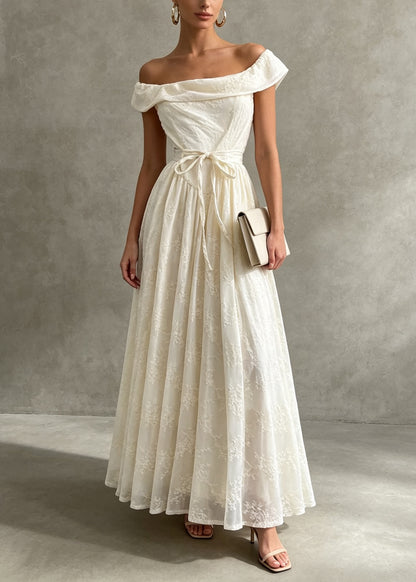 French Apricot Slash Neck Embroidered Patchwork Lace Dress Summer