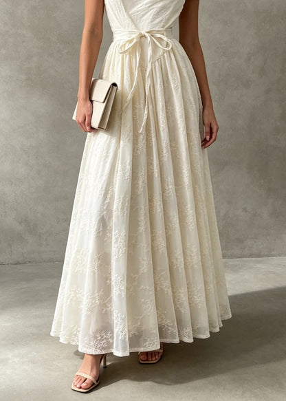 French Apricot Slash Neck Embroidered Patchwork Lace Dress Summer