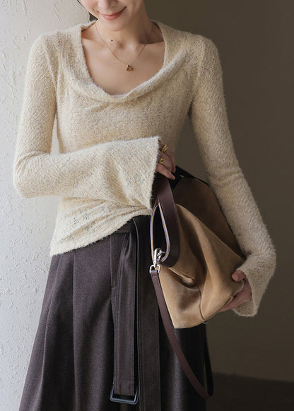 French Apricot Slim Fit Knit Top Flare Sleeve