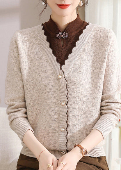 French Apricot Stand Collar Patchwork Cotton Knit Sweater Tops Fall
