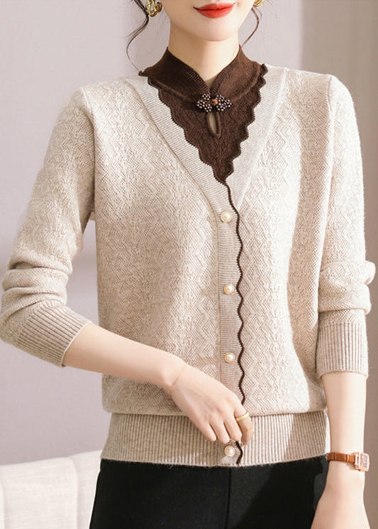 French Apricot Stand Collar Patchwork Cotton Knit Sweater Tops Fall