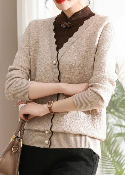 French Apricot Stand Collar Patchwork Cotton Knit Sweater Tops Fall