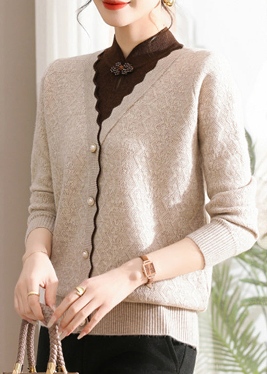 French Apricot Stand Collar Patchwork Cotton Knit Sweater Tops Fall