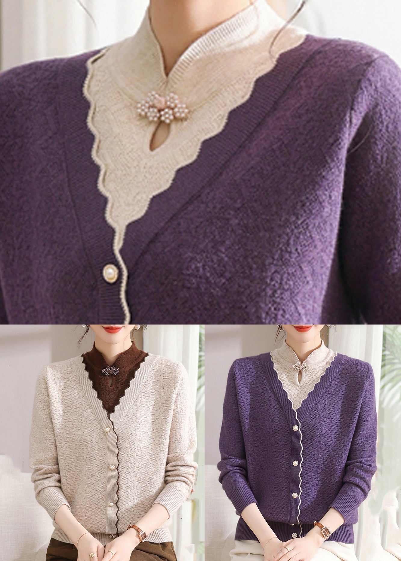 French Apricot Stand Collar Patchwork Cotton Knit Sweater Tops Fall