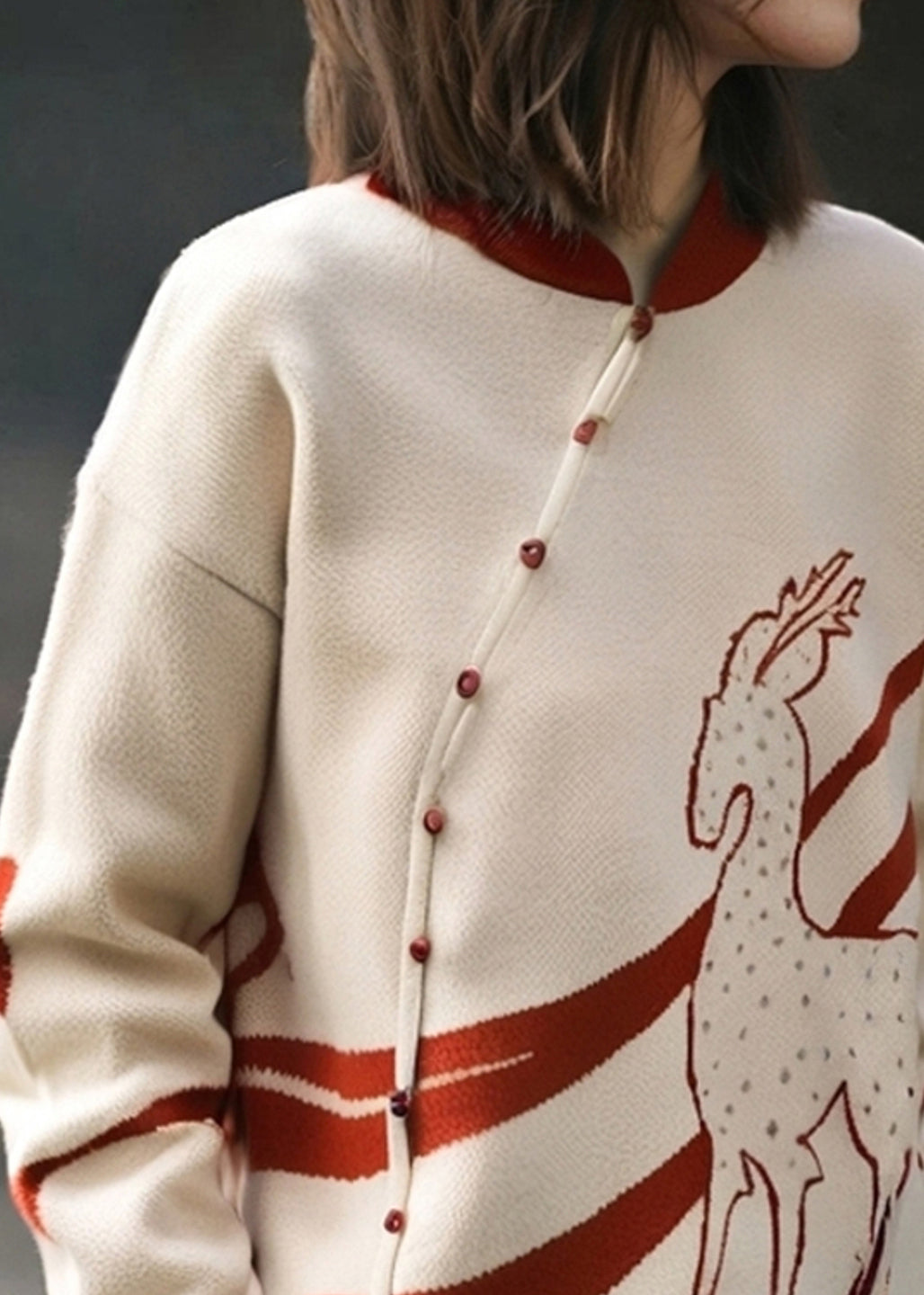 French Apricot Stand Collar Print Cotton Knit Sweate Spring