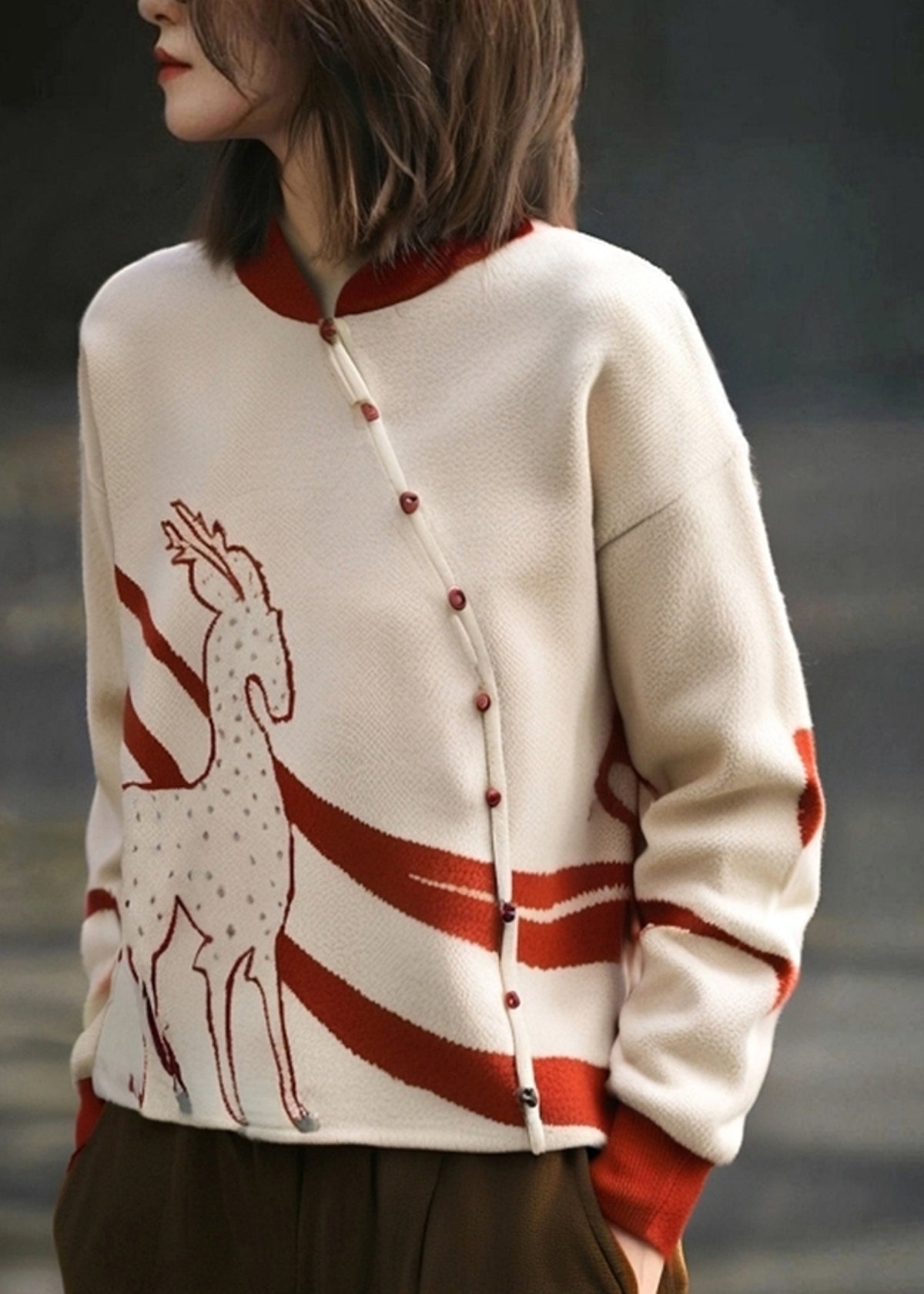 French Apricot Stand Collar Print Cotton Knit Sweate Spring