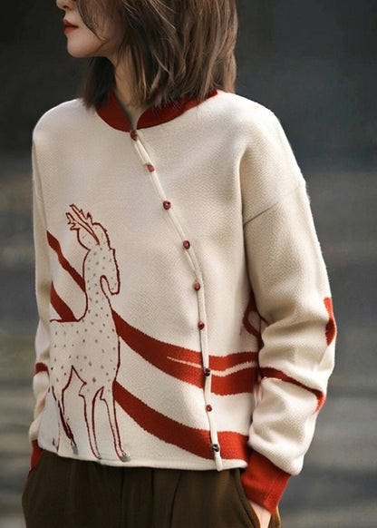 French Apricot Stand Collar Print Cotton Knit Sweate Spring