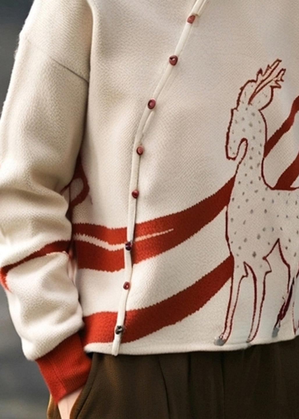 French Apricot Stand Collar Print Cotton Knit Sweate Spring