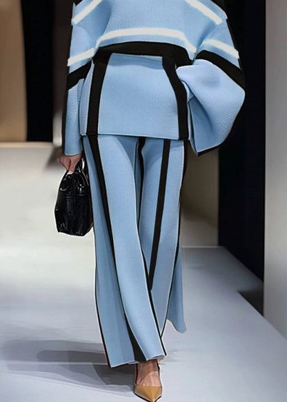 French Apricot Striped Sweaters And Pants Knit Two Pieces Set Spring