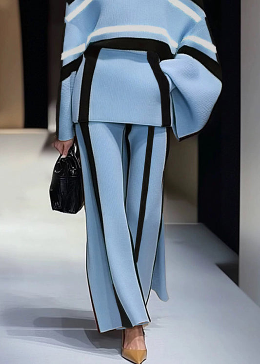 French Apricot Striped Sweaters And Pants Knit Two Pieces Set Spring