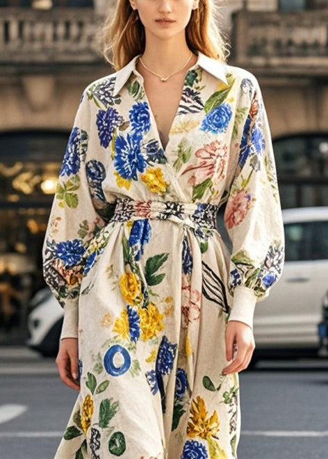 French Apricot Tie Waist Print Cotton Maxi Dress Spring