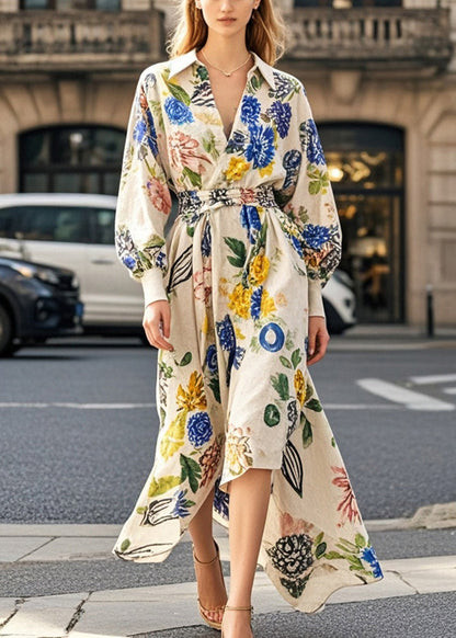 French Apricot Tie Waist Print Cotton Maxi Dress Spring