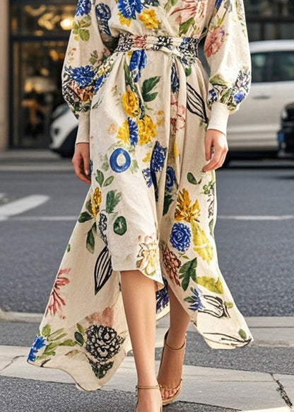 French Apricot Tie Waist Print Cotton Maxi Dress Spring