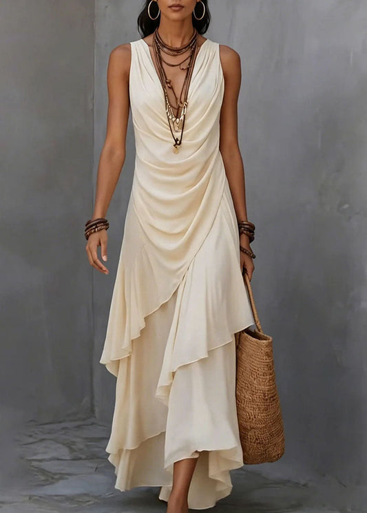French Apricot V Neck Asymmetrical Ruffled Patchwork Chiffon Dress Sleeveless