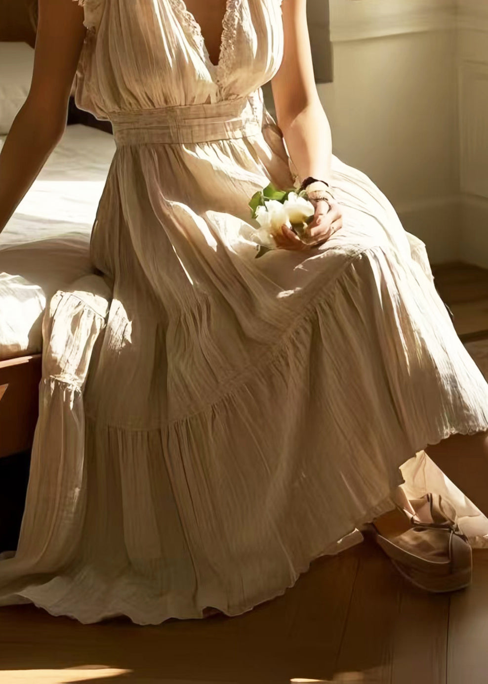 French Apricot V Neck Exra Large Hem Cotton Vacation Dresses Sleeveless