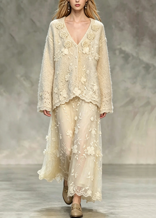 French Apricot V Neck Floral Lace Knit Two Pieces Set Fall