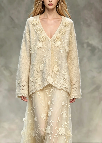 French Apricot V Neck Floral Lace Knit Two Pieces Set Fall