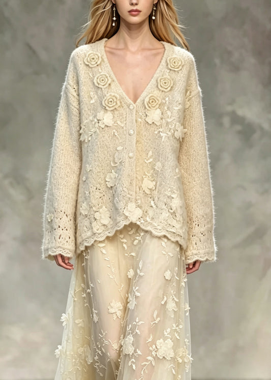French Apricot V Neck Floral Lace Knit Two Pieces Set Fall