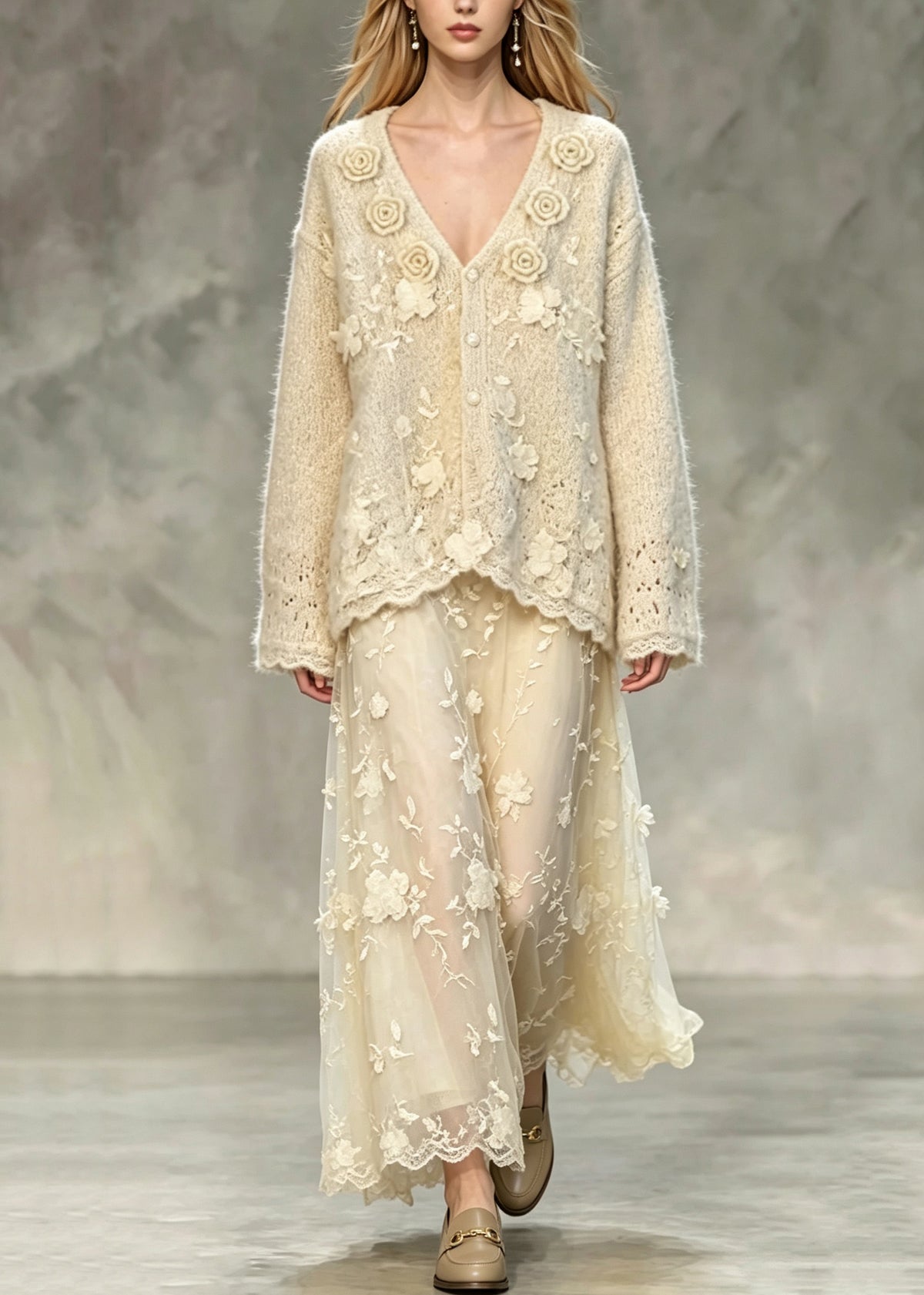 French Apricot V Neck Floral Lace Knit Two Pieces Set Fall