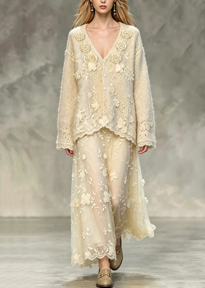 French Apricot V Neck Floral Lace Knit Two Pieces Set Fall