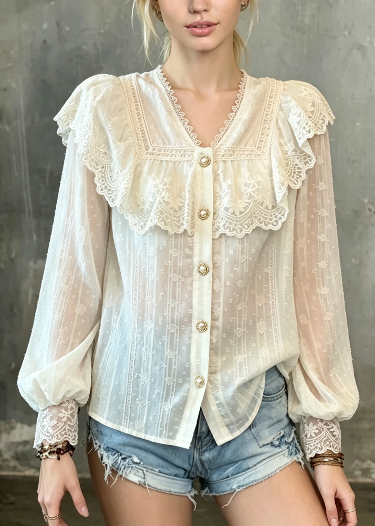 French Apricot V Neck Lace Patchwork Cotton Shirt Tops Fall