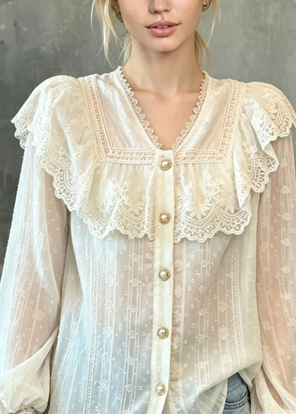 French Apricot V Neck Lace Patchwork Cotton Shirt Tops Fall