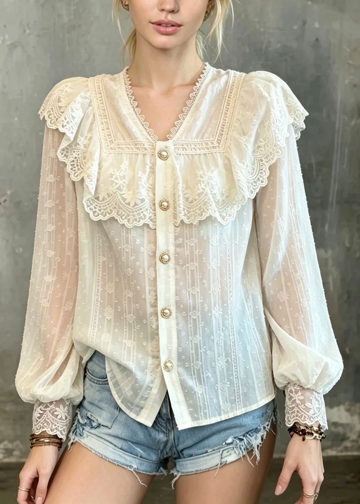 French Apricot V Neck Lace Patchwork Cotton Shirt Tops Fall