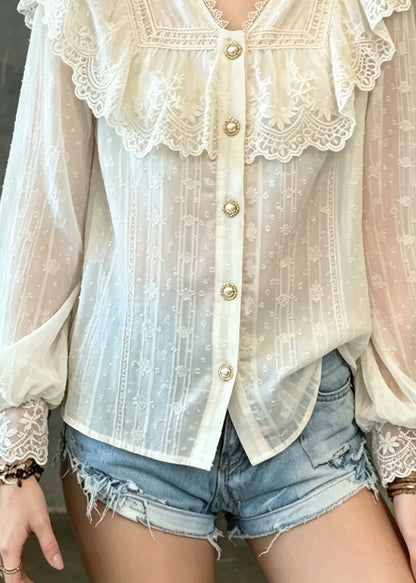 French Apricot V Neck Lace Patchwork Cotton Shirt Tops Fall