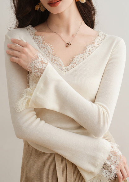 French Apricot V Neck Lace Patchwork Knit Top Flare Sleeve